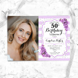 Bloemen Paarse Wit Foto 50e Verjaardag Kaart<br><div class="desc">Elegante bloemenvrouwelijke 50e verjaardagsuitnodiging met uw foto. Glam,  wit en lavendel paarse design met strepen,  licht lila rozen,  script lettertype en confetti. Perfect voor een stijlvol volwassen feestje. Personaliseer met je eigen gegevens. Kan voor om het even welke leeftijd worden aangepast! Gedrukte Zazzle-uitnodigingen of direct download digitale afdrukbare sjabloon.</div>
