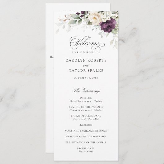 Bloemen Paarse wit groen gouden bruiloft programma Programmakaart (Voorkant / Achterkant)