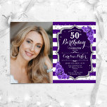 Bloemen Paarse zilveren foto 50e verjaardag Kaart<br><div class="desc">Elegante bloemenvrouwelijke 50e verjaardagsuitnodiging met uw foto. Glam paarse zilveren wit ontwerp met faux glitter zilver. Beschikt over strepen, lavendel rozen, script lettertype en confetti. Perfect voor een stijlvol volwassen feestje. Personaliseer met je eigen gegevens. Kan voor om het even welke leeftijd worden aangepast! Gedrukte Zazzle-uitnodigingen of direct download digitale...</div>