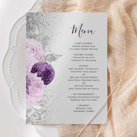 Bloemen Paarse Zilveren Glitter Grijze Huwelijk Menu