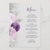 Bloemen Paarse Zilveren Glitter Grijze Huwelijk Menu (Voorkant)