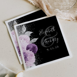 Bloemen Paarse Zilveren Glitter Script Zwarte Huwe Servet