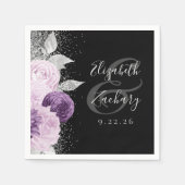 Bloemen Paarse Zilveren Glitter Script Zwarte Huwe Servet (Voorkant)
