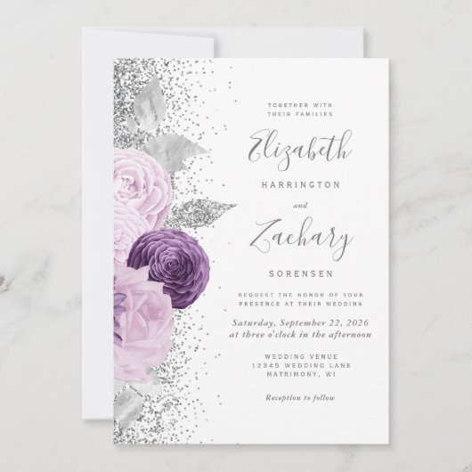 Bloemen Paarse Zilveren Glitter Witte QR Code Huwe Kaart (Voorkant)