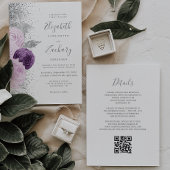Bloemen Paarse Zilveren Glitter Witte QR Code Huwe Kaart