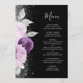 Bloemen Paarse zilveren glitter zwart bruiloft Menu (Voorkant)