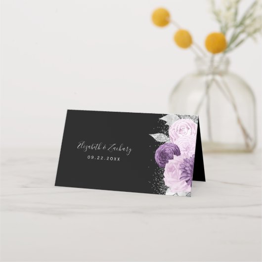 Bloemen Paarse zilveren glitter zwart bruiloft Plaatskaartje (Achterkant)