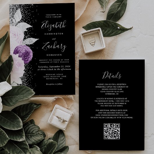 Bloemen Paarse Zilveren Glitter Zwart QR Code Huwe Kaart