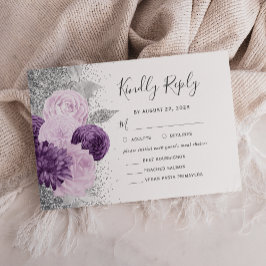 Bloemen Paarse Zilveren Maaltijd Keuze Bruiloft RSVP Kaartje