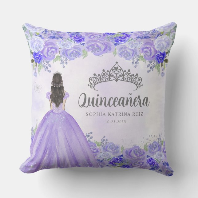 Bloemen Paarse Zilveren Prinses Tiara Quinceanera Kussen (Voorkant)
