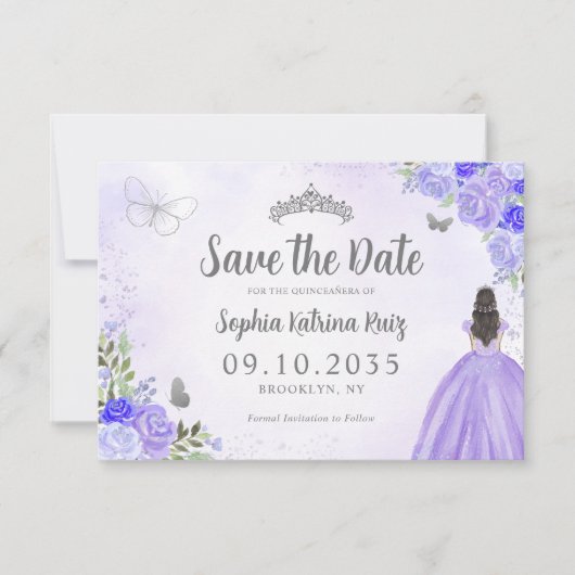 Bloemen Paarse Zilveren Prinses Verjaardag Quincea Save The Date (Voorkant)