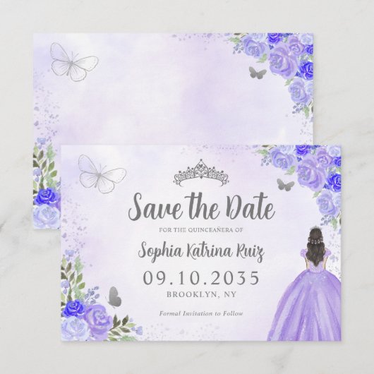 Bloemen Paarse Zilveren Prinses Verjaardag Quincea Save The Date (Voorkant / Achterkant)