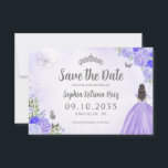 Bloemen Paarse Zilveren Prinses Verjaardag Quincea Save The Date<br><div class="desc">Floral Light Paarse Violet Zilver Grijs Prinses Jurk Glitter Sparkle Tiara Kroonvlinder 15e Verjaardag Quinceanera Save the Date</div>