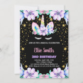 Bloemen Paarse zwarte eenhoorn Verjaardagsuitnodig Kaart (Voorkant)