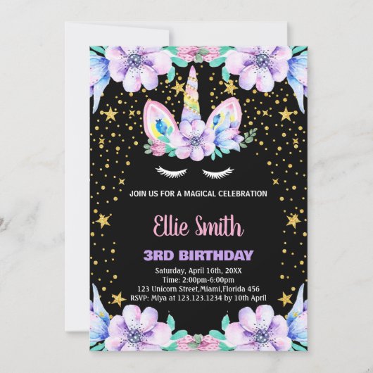 Bloemen Paarse zwarte eenhoorn Verjaardagsuitnodig Kaart (Voorkant)