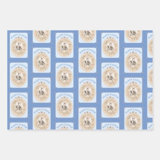Bloemen Paashaas Blauw Gingham Check Inpakpapier Vel (Voorkant 3)