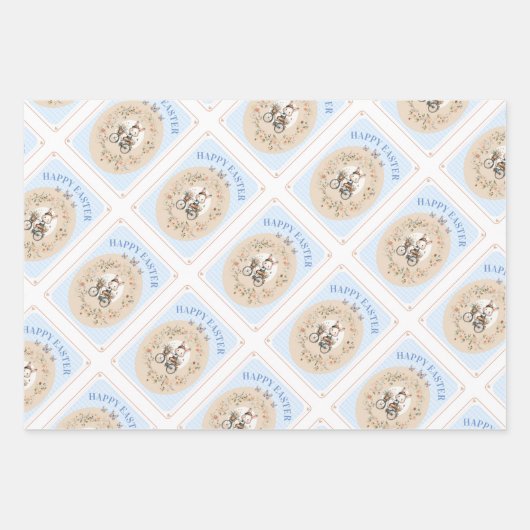 Bloemen Paashaas Blauw Gingham Check Inpakpapier Vel (Voorkant 2)