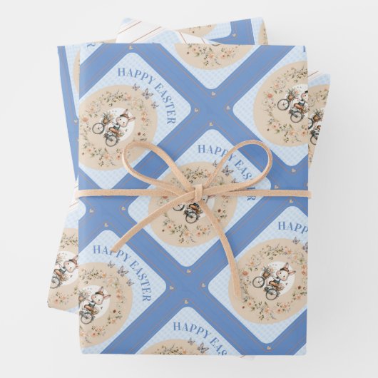 Bloemen Paashaas Blauw Gingham Check Inpakpapier Vel (In situ)