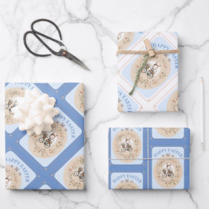 Bloemen Paashaas Blauw Gingham Check Inpakpapier Vel