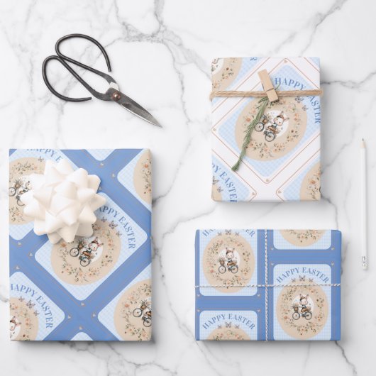Bloemen Paashaas Blauw Gingham Check Inpakpapier Vel (Voorkant)