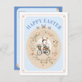 Bloemen Paashaas Blauw GinghamCheckNONAM Feestdagenkaart (Voorkant / Achterkant)