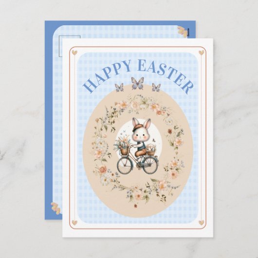  Bloemen Paashaas Blauw GinghamCheckNONAM Feestdagenkaart (Voorkant / Achterkant)