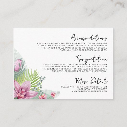 Bloemen Palm tropische bruiloft details Informatiekaartje (Achterkant)