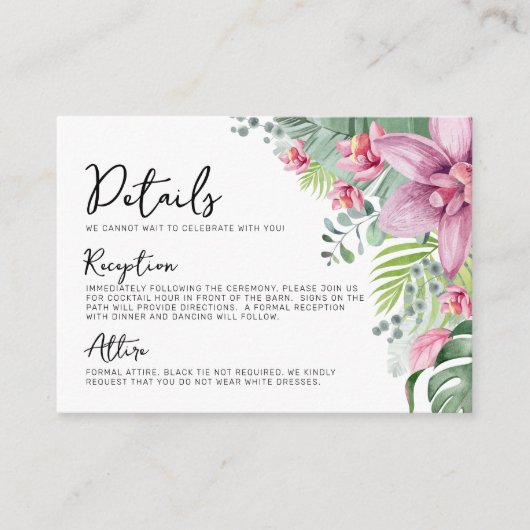 Bloemen Palm tropische bruiloft details Informatiekaartje (Voorkant)