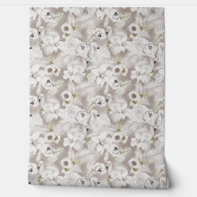 Bloemen Palmbladeren Flamingo's Behang (Afrollen)
