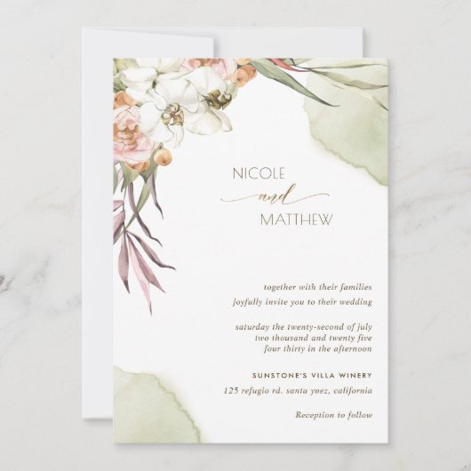 Bloemen palmbladeren, groen en perzik bruiloft kaart (Voorkant)