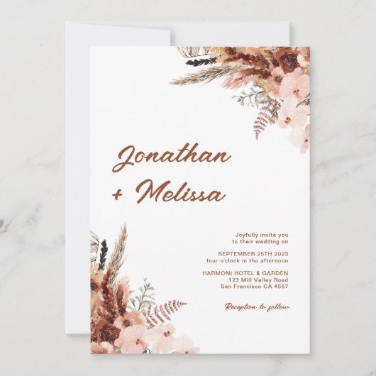 Bloemen Pampas Rust Terracotta Script Foto Bruilof Kaart (Voorkant)