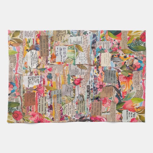 Bloemen papier collage gemengde media keukenhanddo theedoek (Horizontaal)