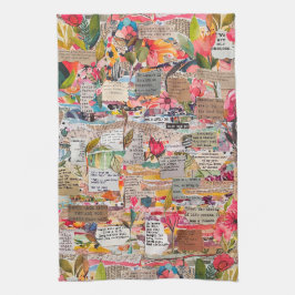 Bloemen papier collage gemengde media keukenhanddo theedoek
