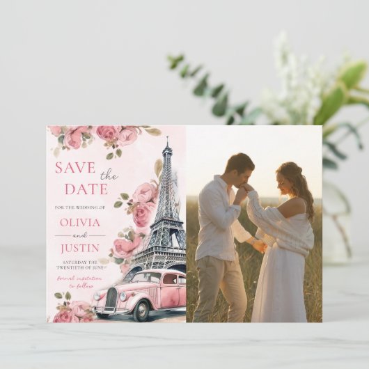 Bloemen Paris Eiffeltoren Save The Date Foto  Kaart (Staand voorkant)