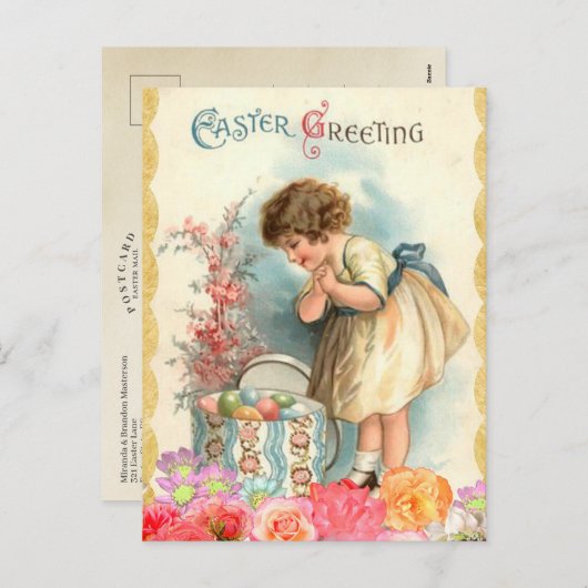  Bloemen Pasen Meisje en Eieren Feestdagenkaart (Voorkant / Achterkant)