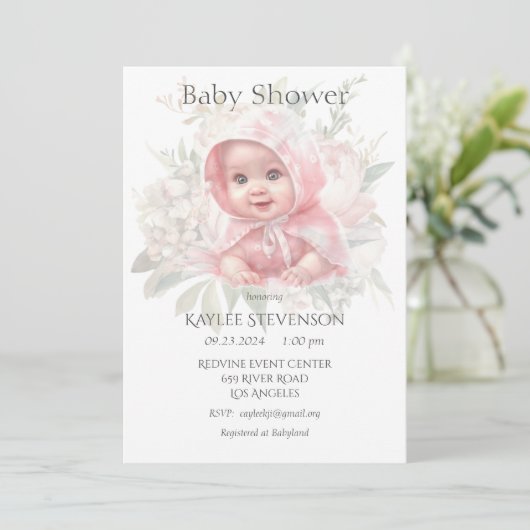 Bloemen pastel baby meisje douche uitnodiging (Staand voorkant)