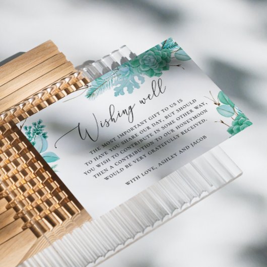 Bloemen pastel munt vetplanten bruiloft wensen goe informatiekaartje