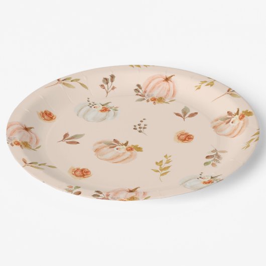 Bloemen pastel sinaasappel herfst kleine pompoen v papieren bordje (Gekanteld)