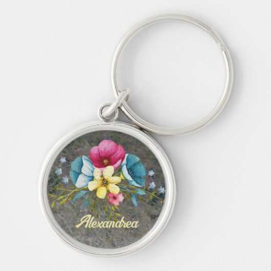 Bloemen Pastel Waterverf Geel Roze Floral Sleutelhanger (Voorkant)