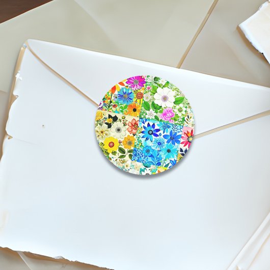 Bloemen Patchwork Art Waterverf Flowers Ronde Sticker