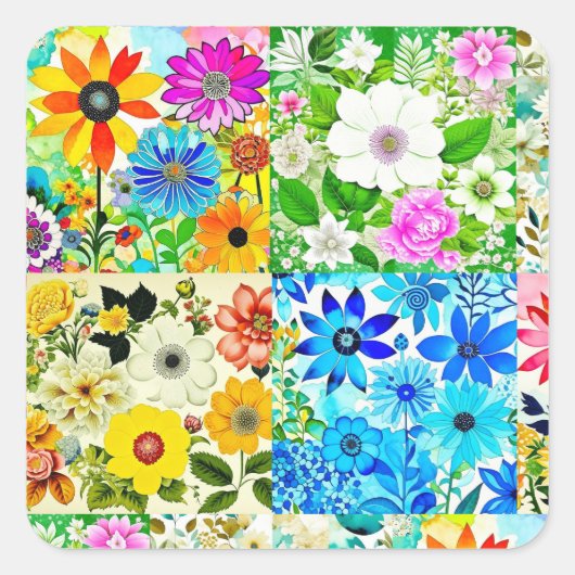 Bloemen Patchwork Art Waterverf Flowers Vierkante Sticker (Voorkant)