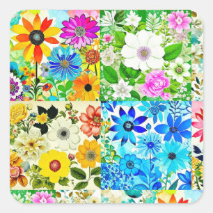 Bloemen Patchwork Art Waterverf Flowers Vierkante Sticker