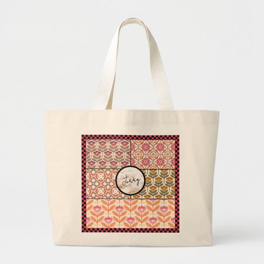 Bloemen Patchwork Checkerboard Grote Tote Bag (Voorkant)