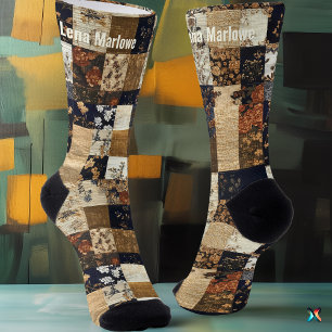 Bloemen Patchwork – Custom Navy & Beige Sokken