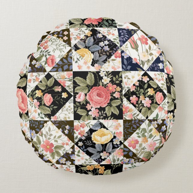 Bloemen Patchwork:  Mix Rond Kussen (Voorkant)