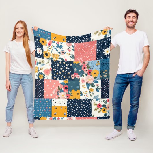 Bloemen Patchwork Patchwork Patroon (4) Fleece Deken (In situ)
