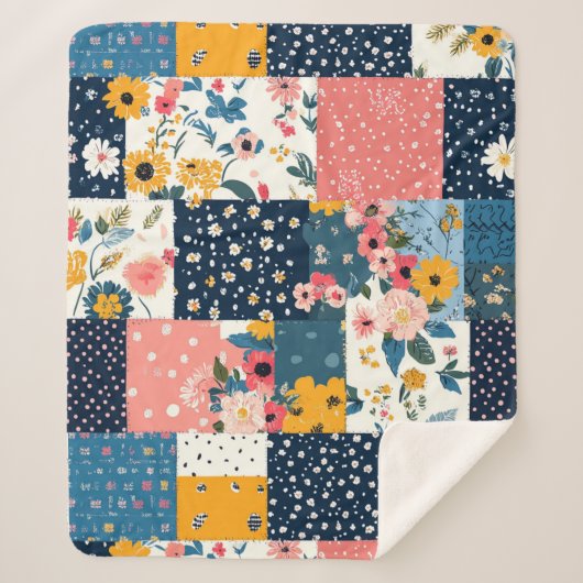Bloemen Patchwork Patchwork Patroon (4) Sherpa Deken (Voorkant)