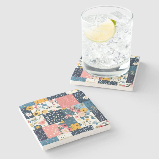 Bloemen Patchwork Patchwork Patroon (4) Stenen Onderzetter (Zijkant)