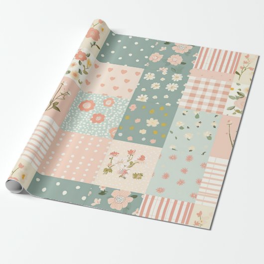  Bloemen Patchwork Patroon - Pastel (6) Cadeaupapier (Uitgerold)