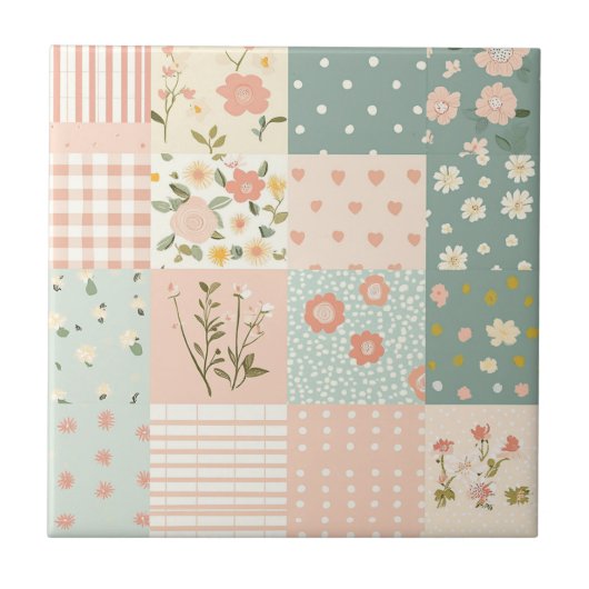 Bloemen Patchwork Patroon - Pastel (6) Tegeltje (Voorkant)